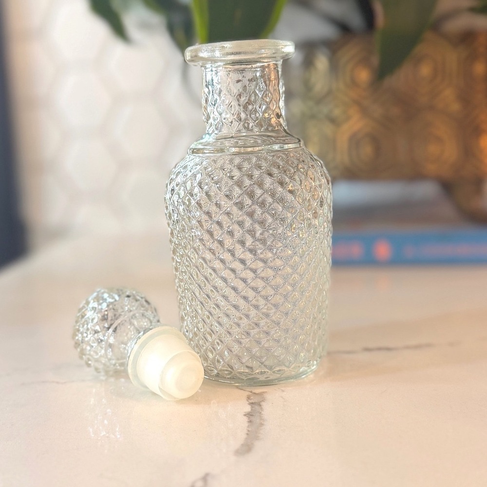 Vintage Avon Clear Glass Diamond‎ Point Decanter Bottle with Stopper 6 inch